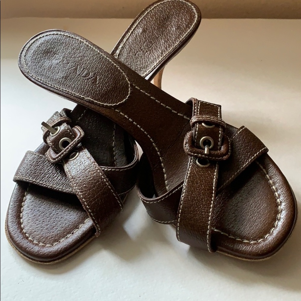 Prada women’s 36 1/2 brown leather mules 3” heel